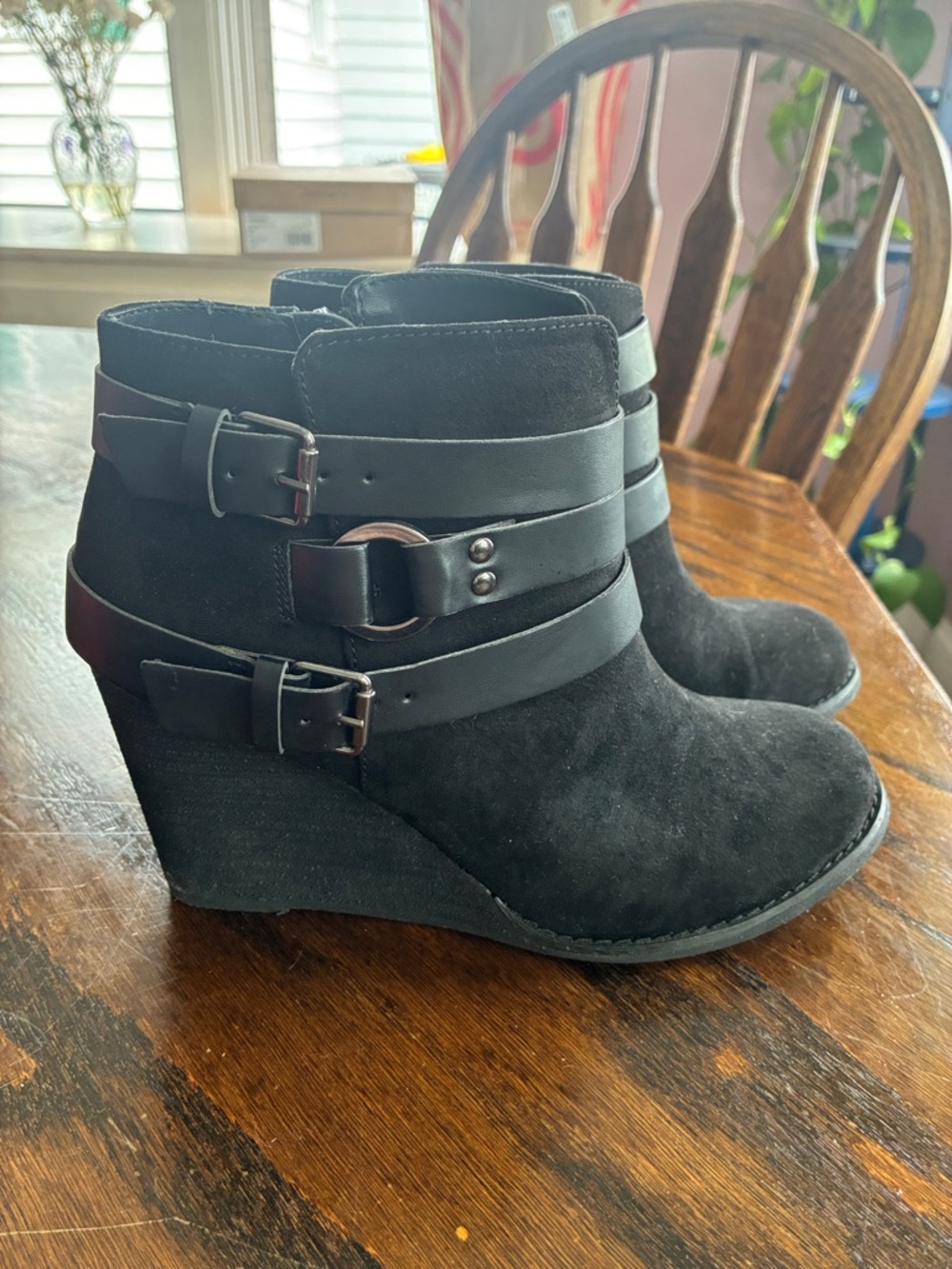 Carlos by Carlos Santana Black Suede Wedge Ankle Boots with Strap Accents